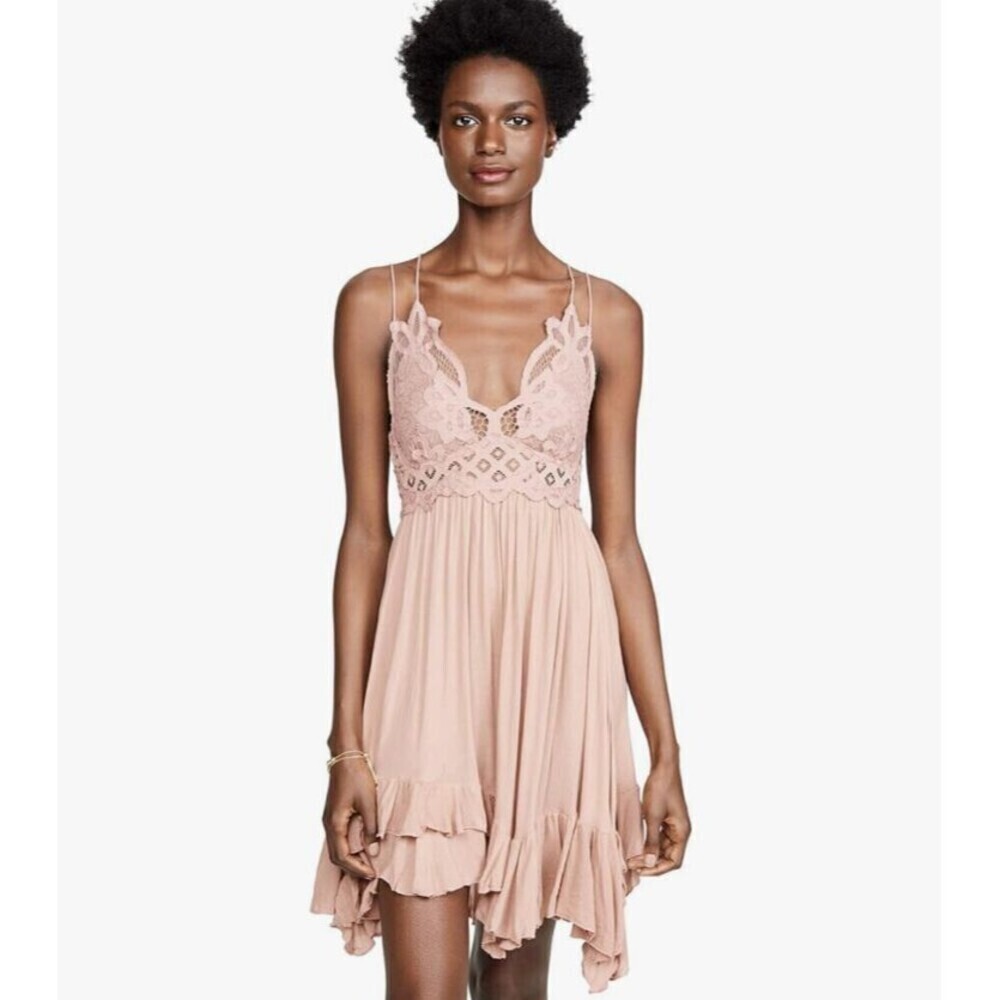 Free People One Movement Rose Pink Adella Lace Ruffle Tiered‎ Slip Dress SMall